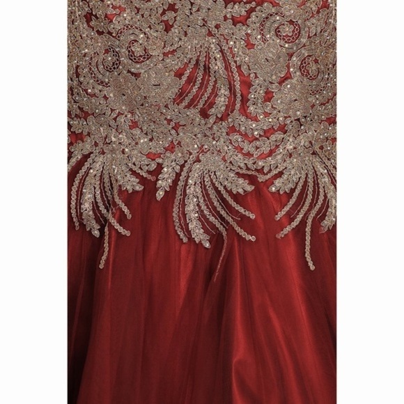 STRAPLESS Burgundy Gold Lace Mermaid Dress 1697 - Picture 5 of 7